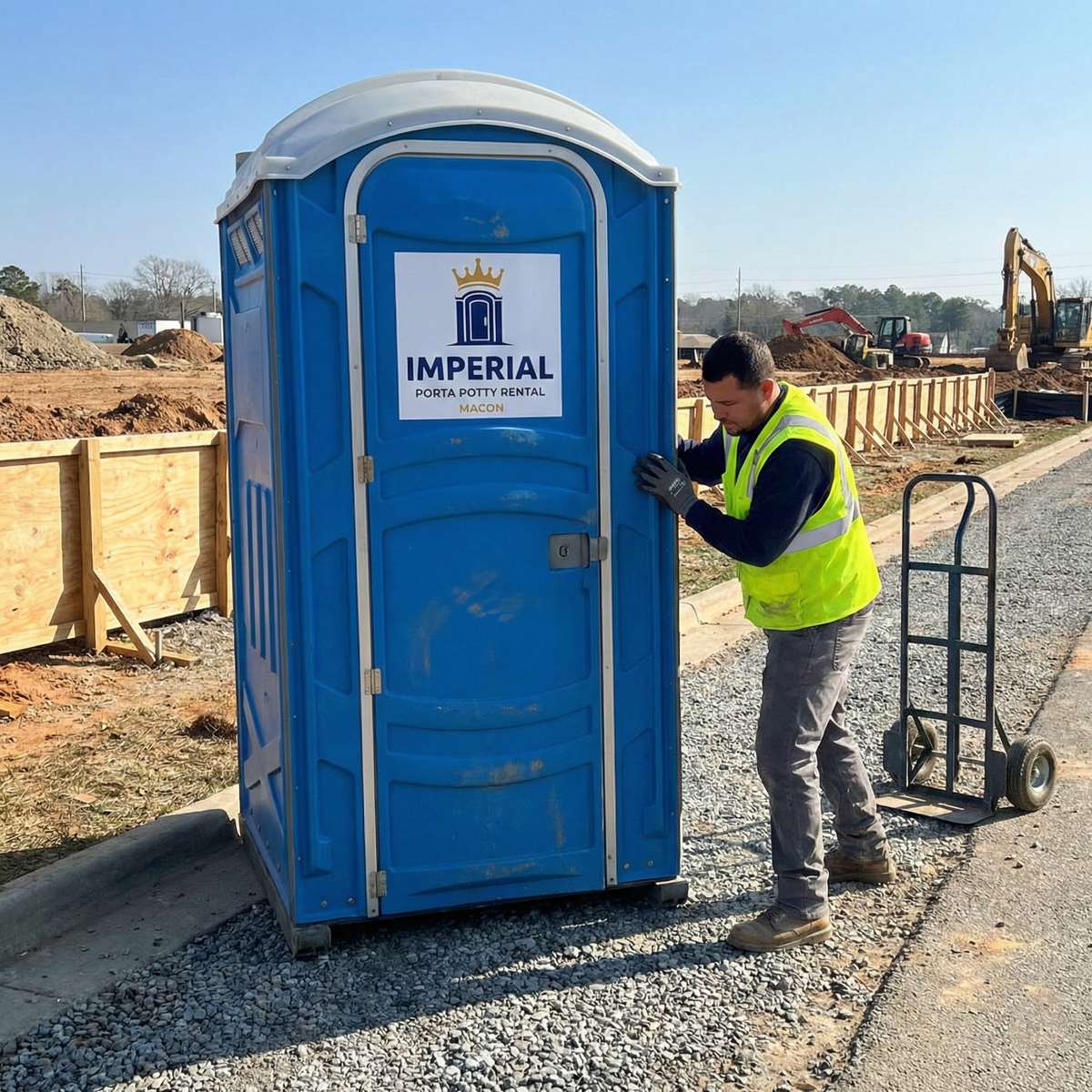 Servicing a porta potty at a construction site